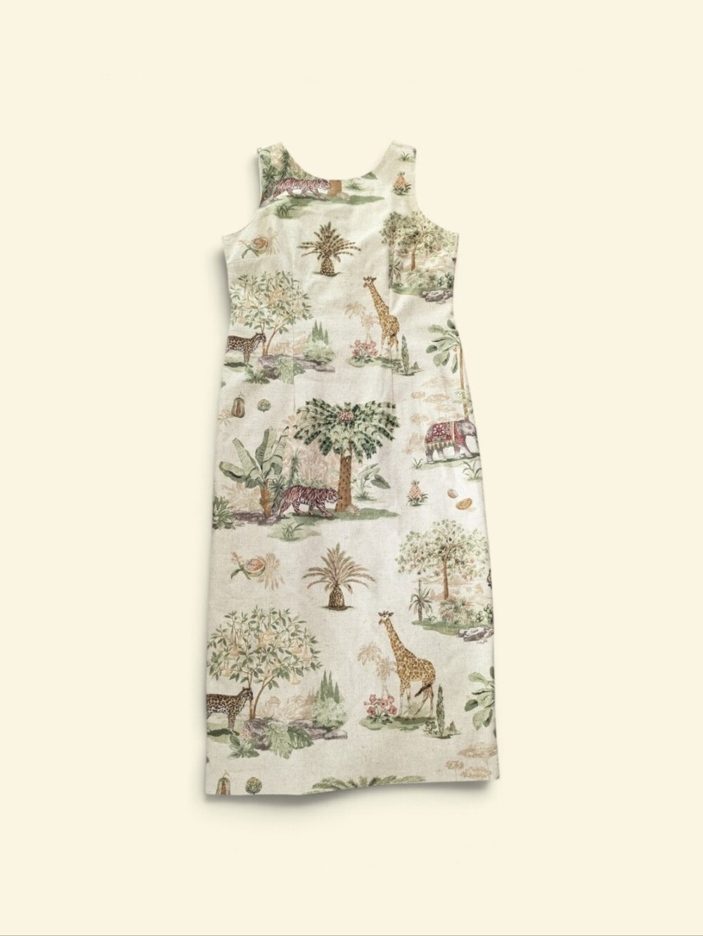 Vintage Safari Dress Size 12 Beaded Sleeveless Cotton Linen Blend Midi Dress